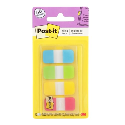 Post-it Sticky Tabs, 0.625 in x 1.5 in., 4 Pads of Book Tabs in Assorted Colors for Bookmarking, Annotating, Reading, and Reminders, Blue, Green, Yellow, and Red Colors (40 Total Count) - size: 0.4" x 2.8"
