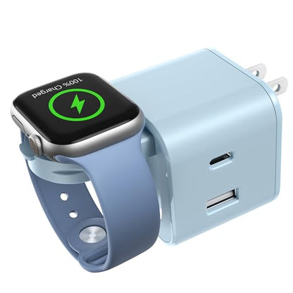 BeaSaf 36W for Apple Charging Block with Built-in Watch Charger, Foldable PD Fast Charger Block for iPhone, Dual Ports Wall Charger Compatible with Apple Watch iPhone AirPods(Blue) - color: Blue