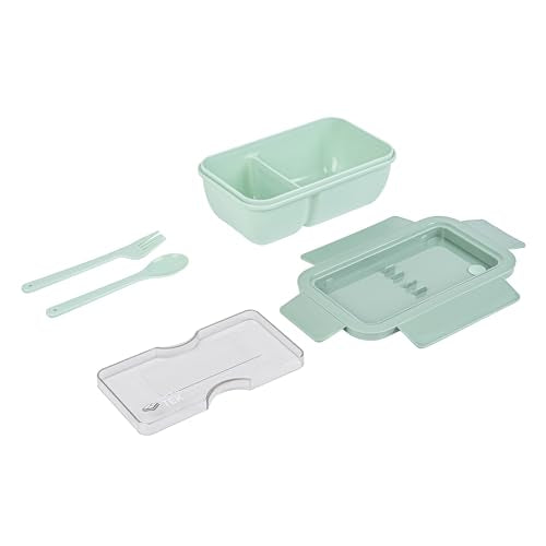 Restaurantware-Bento Tek 28.7 Ounce Bento Box, 1 Reusable Lunch Container - With Fork And Spoon, Does Not Contain BPA, Green Plastic Reusable Lunch Box, Microwavable, Dishwashable - size: 1 Count, style: 29 oz - Green