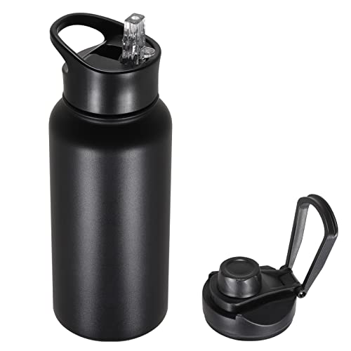 32 oz Insulated Water Bottle with Straw Lid & Wide Mouth Lids, Stainless Steel Sports Water Bottles, Double Walled Vacuum, Leak Proof, Black - color: Black, size: 32 Ounces