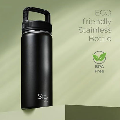 SipX™ 18 oz Insulated Water Bottle with 3 Lids – Leakproof Stainless Steel, Triple Insulated – Cold 24 Hours/Hot 12 Hours – Durable Bottle for School, Gym, Travel – Black - color: Black, size: 18 Ounces