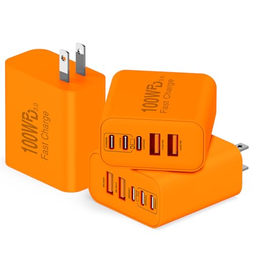 QZIIW USB C Wall Fast Charger Block, 100W 5-Port Type C Fast Charging Block 3 Pack-PD Power Charger Adapter QC 3.0 USB Multiport Charger Brick for iPhone 17 16, Samsung Series MacBook/Air, iPad, etc. - color: Orange