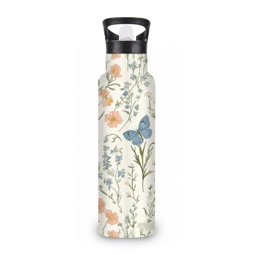 Wildflowers Butterfly 20 oz Insulated Water Bottles Plants Stainless Steel Thermal Bottle Leak Resistant with Straw Twist Cap and Handle for Sports Coffee Mug Cup - color: Wildflowers Butterfly,Plants