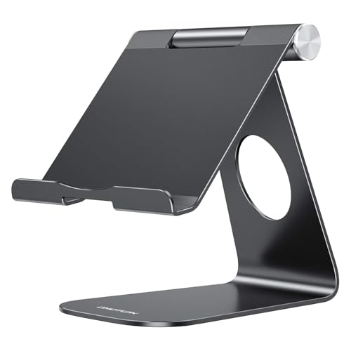 OMOTON T1 Adjustable Tablet Stand for Desk, Aluminum Holder for iPad Black | Solid Metal Build | Charging Cutout | Anti-Slip Silicone Pads | Multi-Angle Adjustable | Fits 3.5-12.9" | Holds Thick Cases - color: Black