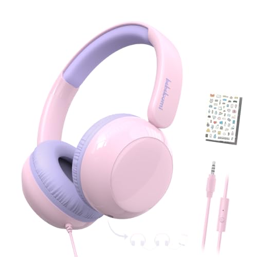 Kids Headphones with Cord, Wired Headphones for Kids with Microphone, Volume Limit, 3.5mm Jack, Shareport, Stereo Sound Boys Girls Sticker Crafting Headset for School/Tablet/iPad - color: Pink
