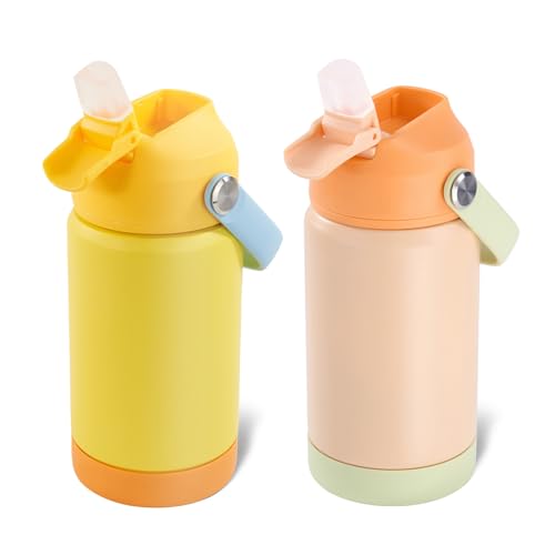 Kerilyn 12oz Kids Water Bottle 2 Pack, Stainless Steel Insulated Water Bottle Bulk, Toddler Cups with Straws Leak-Proof, Kids Water Bottles for School Boys Girls, BPA Free, Cantaloupe + Yellow - color: A. Cantaloupe+Yellow