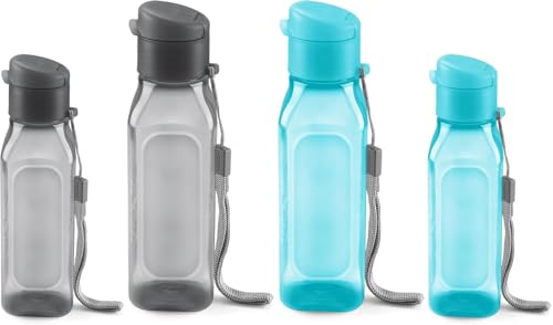 MILTON Bulk Water Bottles Set of 4 – 10 and 17oz Multicolor Bottles for Kids and Adults – Leak Proof with Carry Strap – Square Reusable Bottles for Juice, Drinks BPA-Free Dishwasher-Safe - color: Square Black/Blue