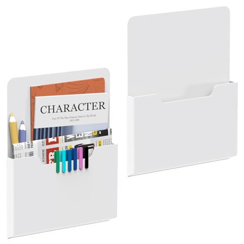 DALTACK 2 Pack Magnetic File Folder Holders, Large Vertical Pockets, White | Plastic magnetic file holder mounts without drilling for letters, documents and magazines on metal cabinets or refrigerators
