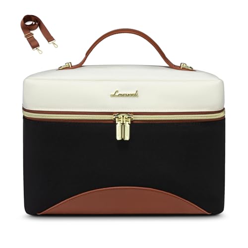 LOVEVOOK Insulated Lunch Bag for Women,Adult Lunch Box for Women,LeakproofLunch Cooler Tote Bag for Office Work Picnic Beach Family College Teacher Mom,Lunch Box/Bag for Kids Girl Boy School - color: Black with Off White with Brown, size: Medium