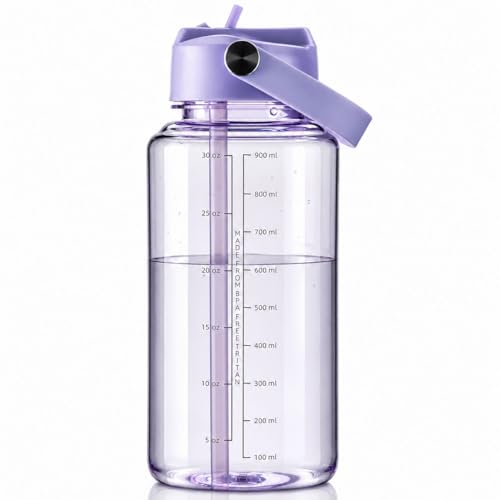 OLDLEY 32oz Water Bottle with Straw,Leakproof Tritan Clear Bottle with Marked Bottle and Carry Handle,BPA-Free Wide Mouth Reusable Sports Water Bottle for Gym,Hiking,Camping,Travel,Workout,Lilac Mist - color: Lilac Mist