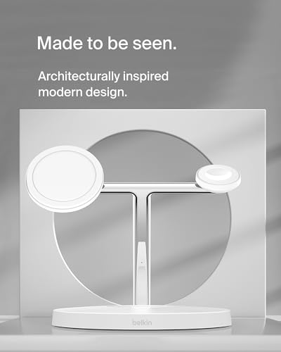 Belkin MagSafe Charger, 3-in-1 Wireless Charging Stand, 2ND GEN, 33% Faster for Apple Watch, iPhone 16, iPhone 15, iPhone 14 Series, AirPods - MagSafe Charging Station for Multiple Devices - White | WIZ017TTWH), Magsafe Iphone Fast Charging Up to 15W, Wir