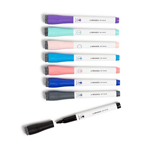 U Brands Fine Tip Dry Erase Markers with Eraser, Low Odor Whiteboard Markers Fine Tip, Assorted Bright Colors, Set of 8