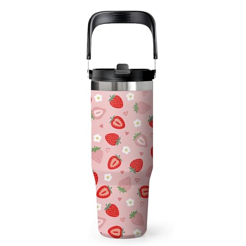 Red Strawberry Tumbler 30oz with Handle - Cute Strawberry Design Water Bottle, Insulated Stainless Steel Cup for Women & Girls, Leakproof Travel Mug, Sweet Birthday Gift for Her - color: Strawberry, size: 30 Ounces