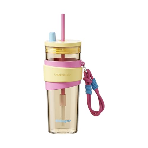 24oz Tritan Water Bottle with Straw and Silicone Sleeve, Yellow Leak-Proof Aesthetic Tumbler with Portable Carrying Strap, BPA-Free Reusable Straw Cup for School, Office, Gym - color: Sweet Peach Mist