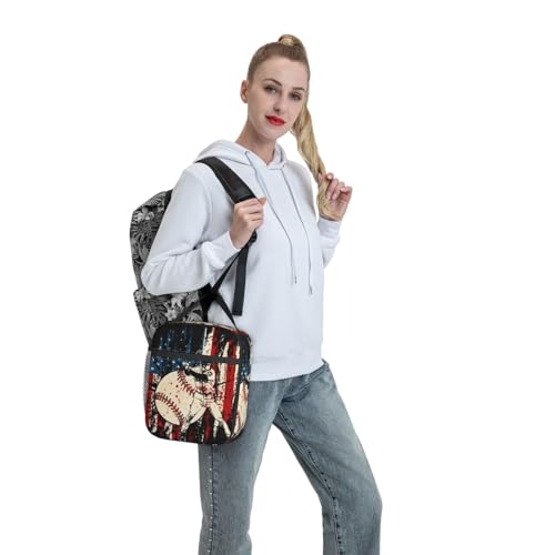 Baseball Stitches American Flag Insulated Lunch Bag, Baseball Sport Lunch Box Tote Cooler Reusable Lunch Pail Adjustable Shoulder Strap and Side Pocket Outdoors Meal Bag For Women - color: Baseball American Flag