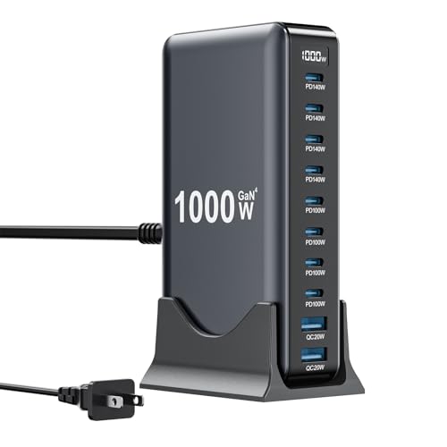 1000W USB C Charger Block,10-Port USB C Charging Station GaN IV Travel Essentials Multiple Port Charging Station,140W Laptop Fast Charger Adapter for MacBook Pro/Air,DELL,iPad,iPhone,Samsung Galaxy