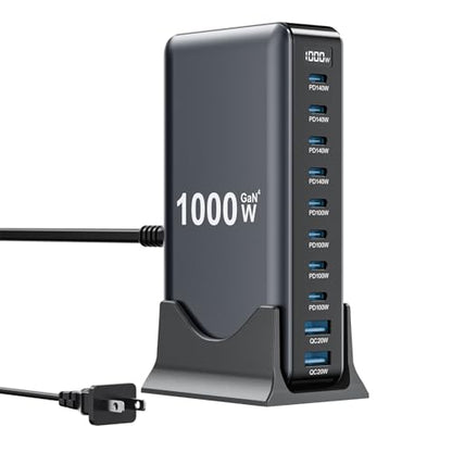 1000W USB C Charger Block,10-Port USB C Charging Station GaN IV Travel Essentials Multiple Port Charging Station,140W Laptop Fast Charger Adapter for MacBook Pro/Air,DELL,iPad,iPhone,Samsung Galaxy