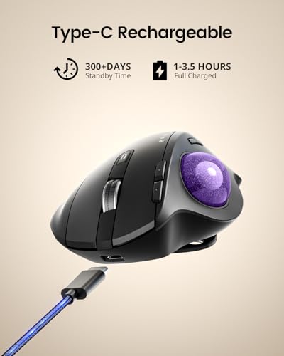 ProtoArc Wireless Trackball Mouse, EM01 NL Ergonomic Bluetooth Rollerball Thumb Rechargeable Computer Laptop Mouse, Adjustable Angle & 3 Device Connection for PC, Mac, Windows-Purple Ball - color: Purple Ball