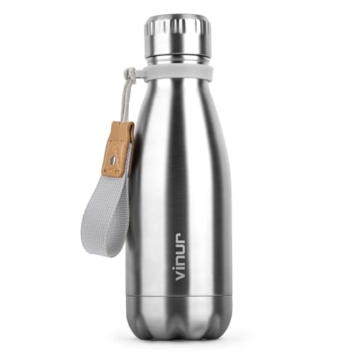 Small Water Bottle-9 oz Leak Proof Insulated Water Bottle with Carry Rope | Double Wall Vacuum Insulated Water Bottle for Travel, School, Cola Shape Flask with Carry Rope for Boys and Girls (Silver) - color: Silver, size: 9 Ounces