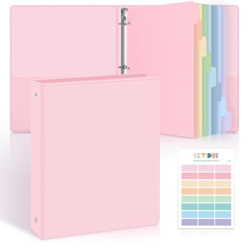SKYDUE 1 Inch 3 Ring Binder with 8 Tab Dividers & 24 Labels, Pastel Binder Organizer for Letter Size Paper, Aesthetic School Binder for Notes, Documents, Office & Home Organization, Pink - color: Light Pink, size: 1 Inch