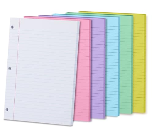 Loose Leaf Paper (6 Pack) Wide Ruled Notebook Paper Filler, 3 Hole Punched Office Sheets Bulk for 3 Ring Binder, Lined Paper Writing Note pads 300 Sheets, in Pink, Purple, Yellow, Green, Blue, White - color: 6 Pack Assorted Color