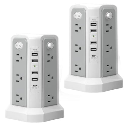 PASSUS Surge Protector Power Strip with USB C Port,10FT Extension Cord with 12 AC Outlets, Power Strips with Surge Protection for Home Office DormRoom - style: Gray White-2PC-4A1C