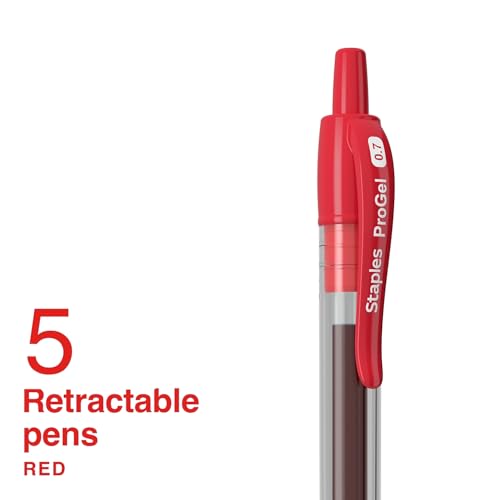 STAPLES ProGel™ Retractable Gel Pen, Fine Point, 0.7mm, Red Ink, 5/Pack - color: Red, size: 5 Pack, style: Fine Point