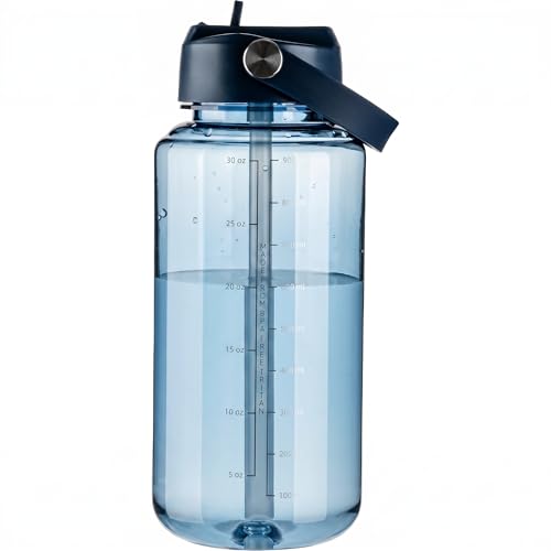 OLDLEY 32oz Water Bottle with Straw,Leakproof Tritan Clear Bottle with Marked Bottle and Carry Handle, BPA-Free Wide Mouth Reusable Sports Bottle for Gym,Hiking,Camping,Travel,Workout,Deep Navy - color: Deep Navy
