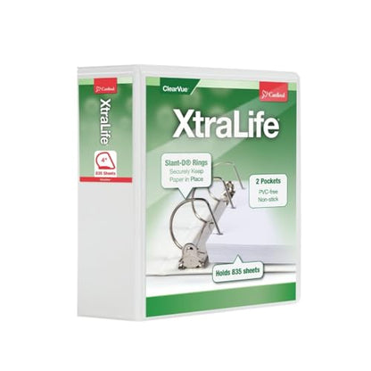 Cardinal 3 Ring Binder, 4 Inch Heavy Duty XtraLife Binder, Locking Slant-D Ring, Crack-Resistant Cover & Spine, ClearVue Covers, Holds 890 Sheets, PVC-Free, White (26340) - color: White, size: 4-Inch