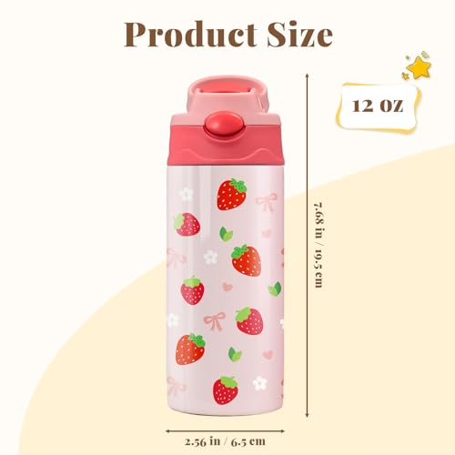 12oz Strawberry Kids Water Bottle, Bows Water Bottle for School, Pink Kids Insulated Bottles with Straw & Handle, Leak-Proof, BPA-free, Straw Lid, Stainless Steel for Travel Gift Cup for Girls(1pc) - color: Strawberry bow