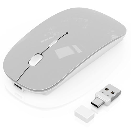Gizdot-S1 Wireless Mouse for Mac/MacBook Air/Pro & iPad, Bluetooth Rechargeable Mouse with Type-C, Slim Mouse Jiggler for Laptop, 4 Connection Modes, Silent Click, 1600 DPI Compatible Mac OS/Windows - color: Silver