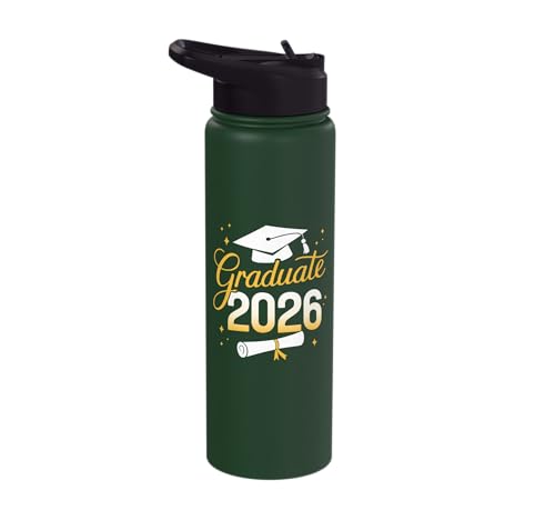 Graduate 2026 for class of 2026 graduation Stainless Steel Insulated Water Bottle - color: Dark Green