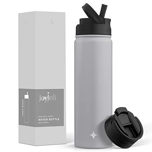 JoyJolt Triple Insulated Water Bottle with Straw Lid AND Flip Lid! 22oz Water Bottle, 12 Hour Hot/Cold Vacuum Insulated Stainless Steel Water Bottle. BPA-Free Leakproof Water Bottles - Thermos Bottle - color: Dove Grey, size: 22 Ounces