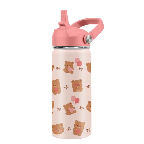 Kids Water Bottle Insulated - Cute Bear Water Bottle for Kids, 16oz Stainless Steel Insulated Water Bottles with Straw Lid, Leakproof BPA-Free Bear Water Bottles for Home Travel Sports - color: Brown Bear#brown, size: 16 Ounces