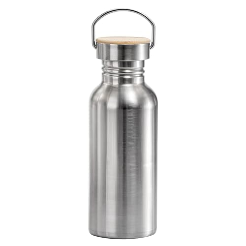 Single Wall Stainless Steel Water Bottle, Uninsulated 17oz Metal Drinking Container, Carrying Loop, Leak Proof, Non Insulated, BPA-free for Sport Beach Goer Cyclist Runner Hiker Picnic (1pc BambooLid) - color: 1pc BambooLid