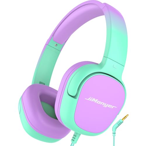 Jimonyer Kids Headphones with Safe Volume Limited for School Travel | 3.5mm Wired, Foldable, Stereo Sound On-Ear Headset for iPad Computer Boys Girls (GreenPurple) - color: GreenPurple