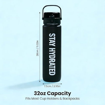 32oz Water Bottle with Time Marker, Leakproof & Durable BPA Free Wide Mouth Bottle for Gym, Travel, Home, School, Office (1 Bottle) (Black) - color: Black