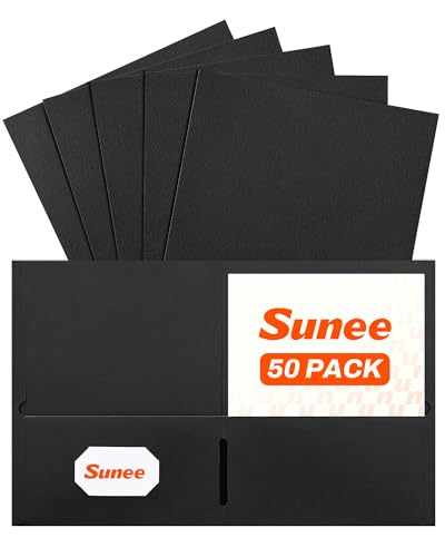SUNEE Folders with Pockets, 50 Pack File Folders with Business Card Slot, Textured Paper, Fit Letter Size Paper, Paper File Folder for School Office Home Business, Black - color: Black
