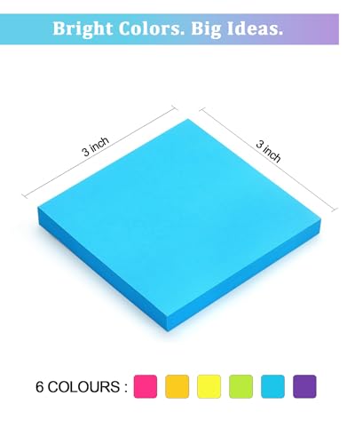 6 Pack Bright Color Sticky Notes 3x3 Inch, 100 Sheets/Pad 600 Total, Adhesive Memo Pads for Office School Home Organization