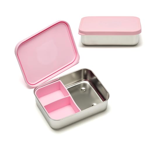 Stainless Steel Bento Box for Kids Adults, Toddler Lunch Box Containers with Silicone Lid,Removable 3 Compartment Design,Leakproof Snack Container, BPA Free, Dishwasher Safe-(1200ml,Pink) - color: Pink
