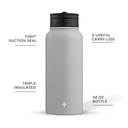 JoyJolt Triple Insulated Water Bottle with Straw Lid AND Flip Lid! 32oz Large Water Bottle, 12 Hour Hot/Cold Vacuum Insulated Stainless Steel Bottle. BPA-Free Leakproof Water Bottles - Thermos Bottle - color: Dove Grey, size: 32 Ounces
