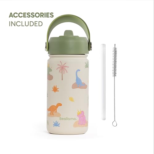 Seallama. Kids Water Bottle - 14 oz Stainless Steel Tumbler with Straw Lid, Vacuum Insulated Double Wall Travel Cup, Leak-Proof Reusable Drink Bottle for School & Everyday Hydration - color: Dino Darling