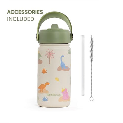 Seallama. Kids Water Bottle - 14 oz Stainless Steel Tumbler with Straw Lid, Vacuum Insulated Double Wall Travel Cup, Leak-Proof Reusable Drink Bottle for School & Everyday Hydration - color: Dino Darling