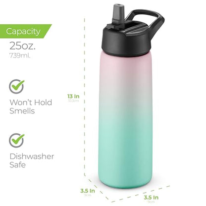 SipX™ 25 oz Insulated Water Bottle with 3 Lids – Leakproof Stainless Steel, Triple Insulated – Cold 24 Hours/Hot 12 Hours – Durable Bottle for School, Gym, Travel – Gradient Mint Pink - color: Gradiant Mint Pink, size: 25 Ounces