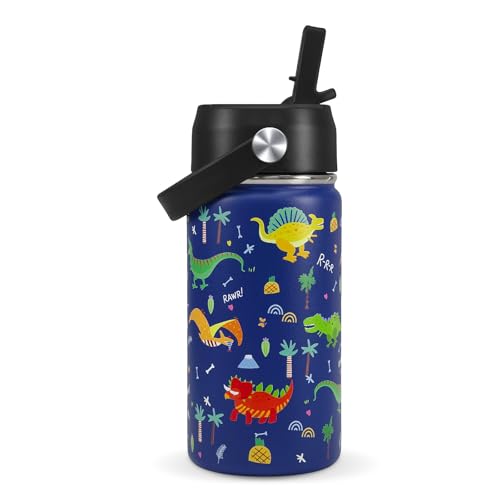 Dinosaur Kids Water Bottle With Straw Lid,14 oz Stainless Steel Travel Bottle,Double Wall Leak Proof Kids Cup,Insulated Tumbler for Toddlers,Metal Bottle for School Boys Girls - color: Blue Dinosaur, size: 14 Ounces