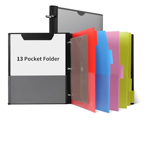 2 Pcs 360° Pivotable Project Organizer Folder, 3 Ring Binder | Customizable Cover Multi Pocket Folder Binder, 13 Pocket Folders, Black - color: Black, size: 1 PCS