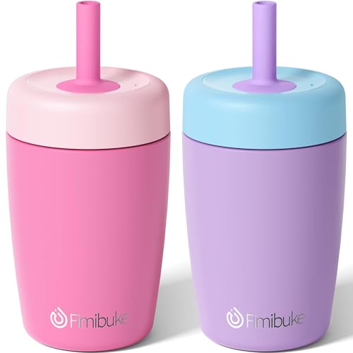 Fimibuke Kids & Toddler Cups Spill Proof, 12 OZ Insulated Sippy Cups for Toddlers Boys Girls, BPA-Free Toddler Straw Tumbler, Stainless Steel Kids Water Bottle with Twist Lids & Silicone Straw, 2 Pack - color: Pink & Purple