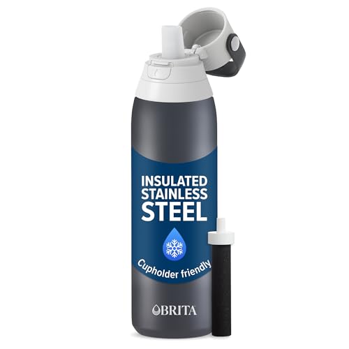 Brita Stainless Steel Premium Filtering Water Bottle, BPA-Free, Reusable, Insulated, Replaces 300 Plastic Water Bottles, Filter Lasts 2 Months or 40 Gallons, Includes 1 Filter, Carbon - 20 oz - color: Carbon, size: 20 Ounces