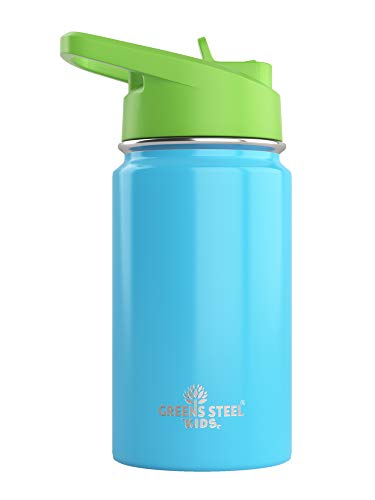 Kids Water Bottle - 12oz Blue | Leak Proof With Straw & Handle | 24 Hours Cold | Insulated, Double Wall Stainless Steel | Easy Sip Toddler Cup | Child's Flask | Eco Friendly - color: Blue