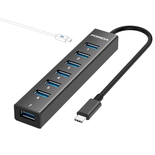 FORIDA USB C Hub-8 Port USB HUB with 7 USB3.0 Data Ports,Aluminum Alloy USBC Splitter with Type C 5V/3A Power Port Compatible with MacBook, iPad, Surface Pro, XPS, Laptop,PC (Black,USB C-9.8in) - color: 9.84in Black, size: USB C